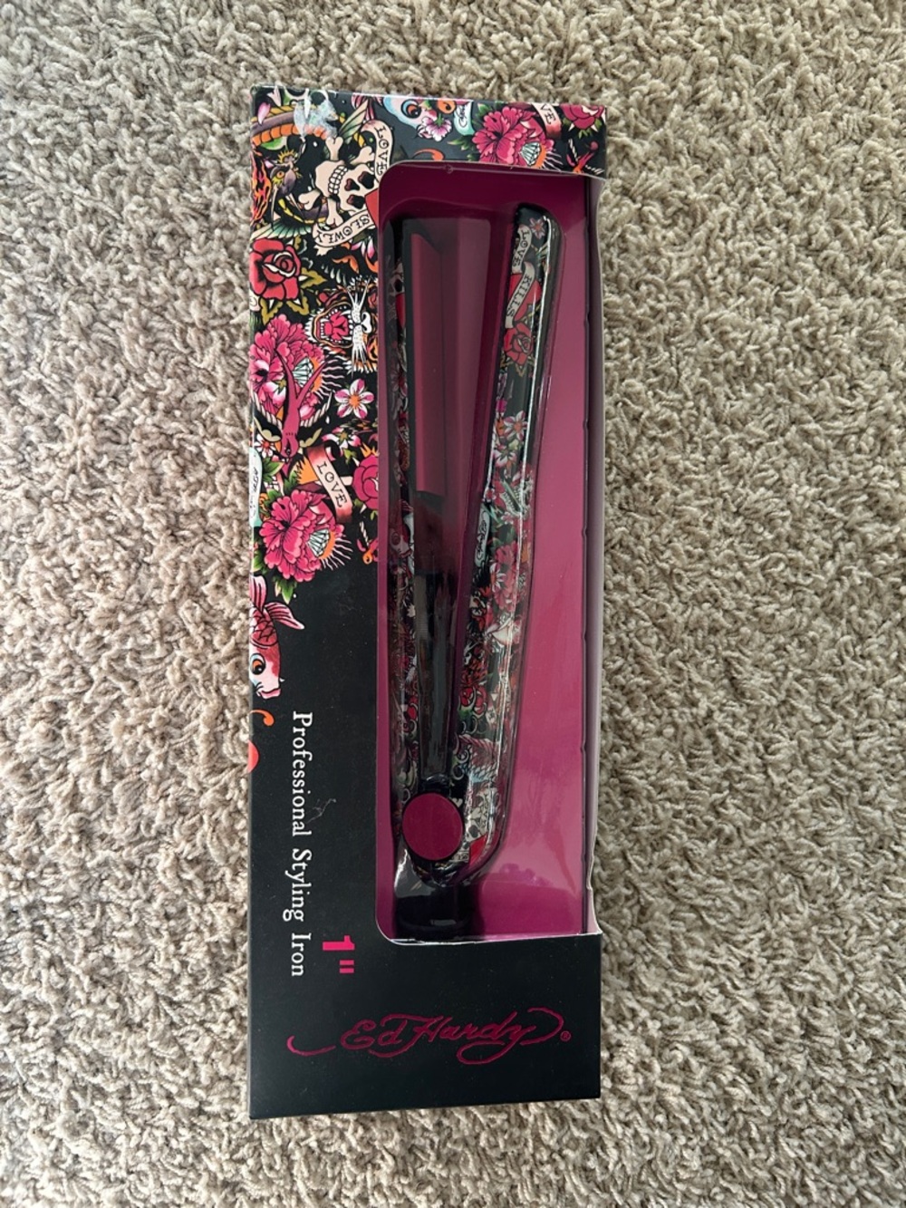 Ed Hardy Black Flat Iron with Pink Floral Tattoo Design